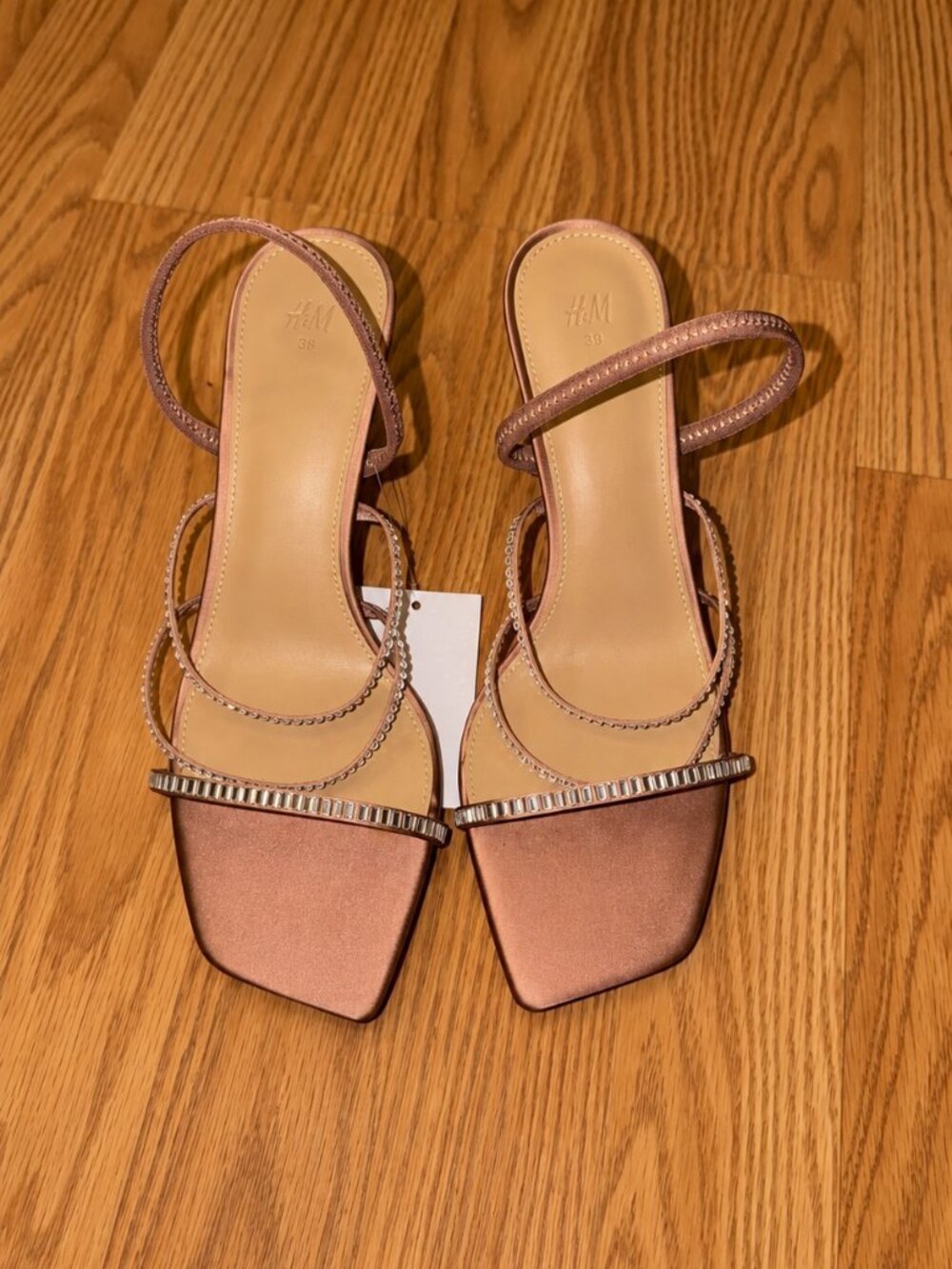 H&M Rhinestone Strappy Heels Rose Gold Metallic Size 8 / 39 NWT